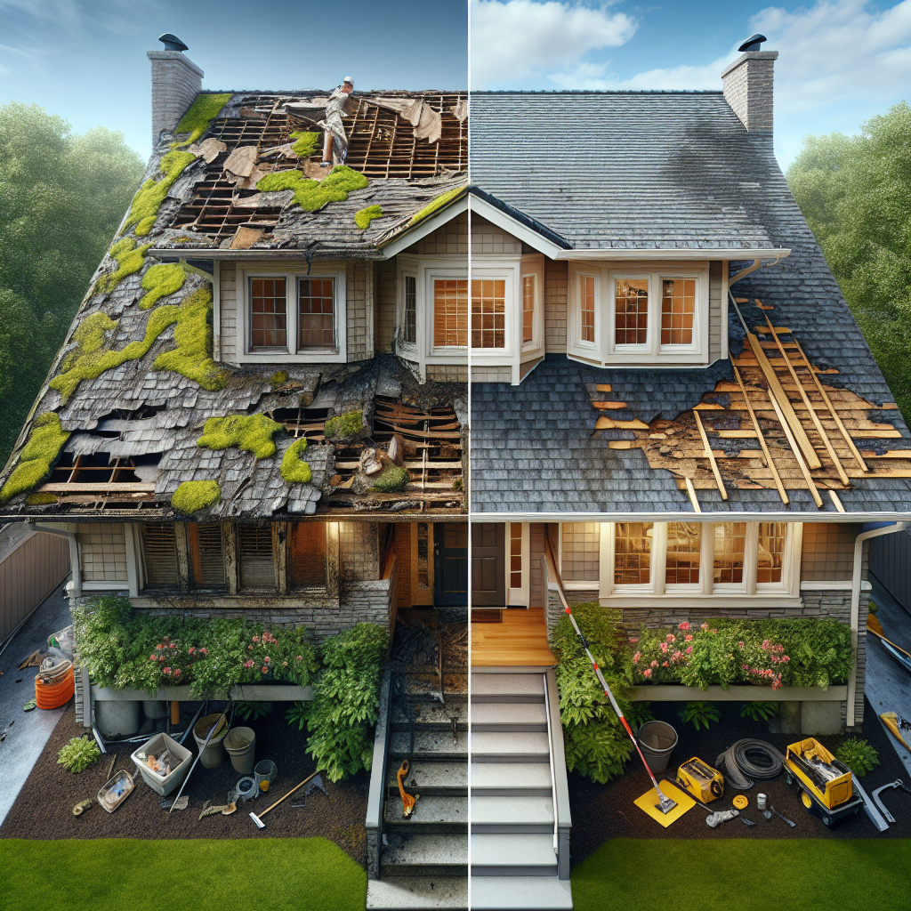 Dramatic before and after comparison showing damaged versus pristine new shingles